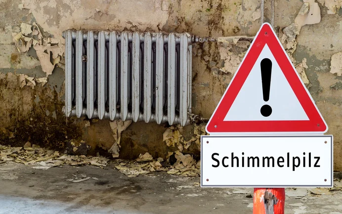 Schimmelpilz an der Wand - Putz blättert ab, Heizkörper an der Wand. Achtungschild mit Schimmelpilz-Aufschrift.