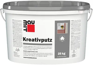 Baumit creatieve pleister met een korrelgrootte van 3 mm is verkrijgbaar in een witte emmer van 25 kg.
