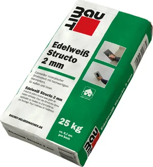 Baumit Edelweiss Structo pleister met een korrelgrootte van 2 mm is verkrijgbaar in zakken van 25 kg.