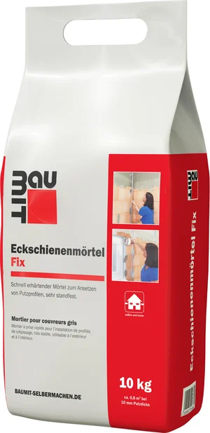 Baumit Fix hoekrailmortel is verkrijgbaar in foliezakken van 10 kg.