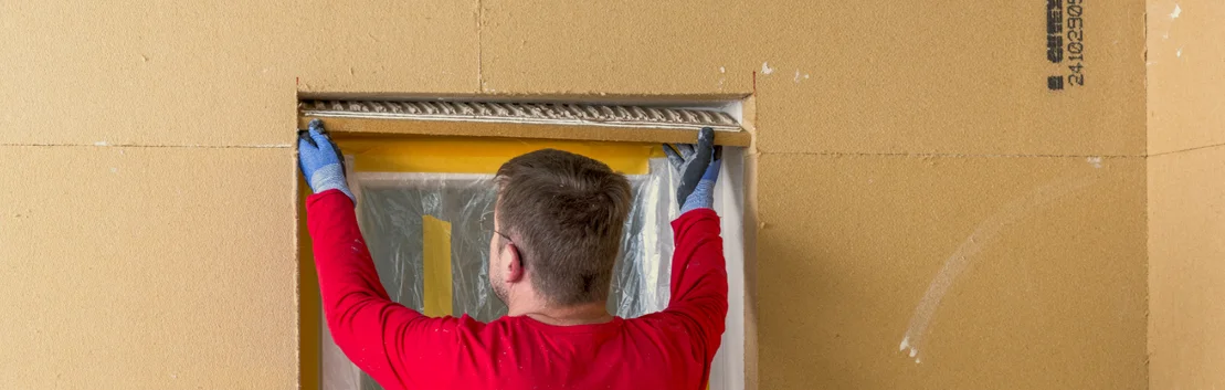 Heimwerker installiert Putzprofil an Fensterrahmen f&uuml;r glatte Wandoberfl&auml;che im Innenausbau.