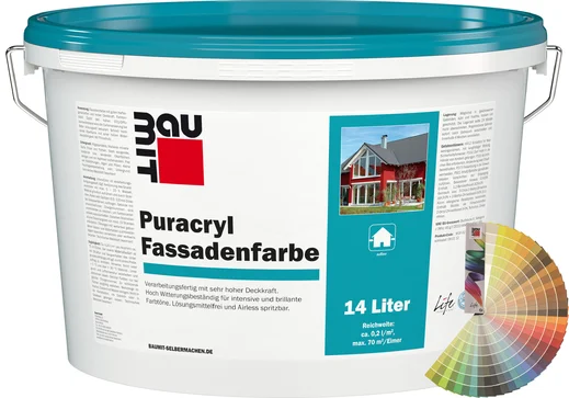 Productafbeelding: Baumit Puracryl gevelverf in een 14 liter emmer met Baumit kleurenwaaier.