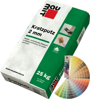 Baumit krabpleister met een korrelgrootte van 2 mm is verkrijgbaar in gekleurde zakken van 25 kg.
