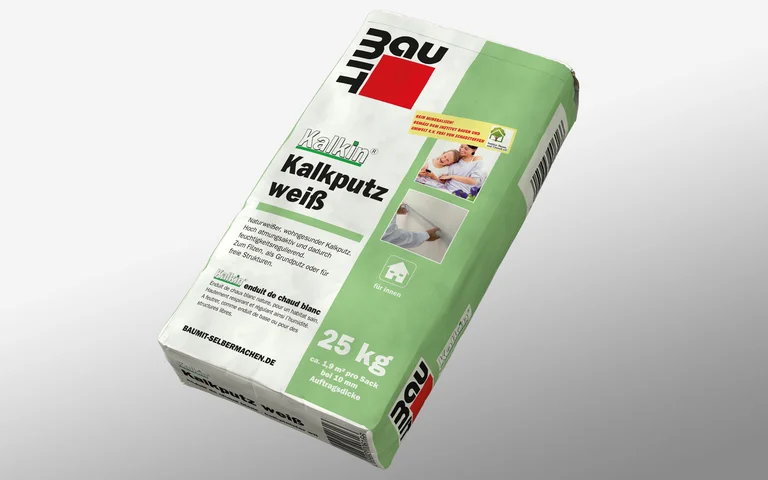 Produktfoto auf grauem Hintergrund: Baumit Kalkin Kalkputz wei&szlig; - gr&uuml;ner 25 kg Sack.