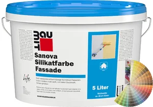 Baumit Sanova silicaatverf voor gevels is verkrijgbaar in emmers van 5 liter.