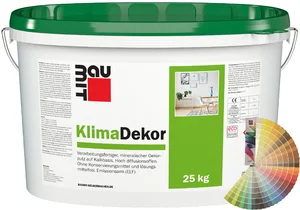 Baumit KlimaDekor met een korrelgrootte van 1 mm is verkrijgbaar in emmers van 25 kg in pastelkleuren.