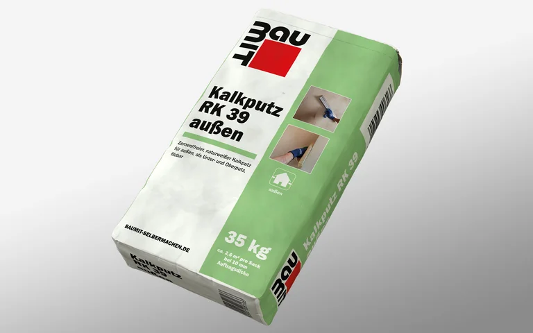 Produktfoto auf grauem Hintergrund_ Baumit Kalkputz RK 39 au&szlig;en.