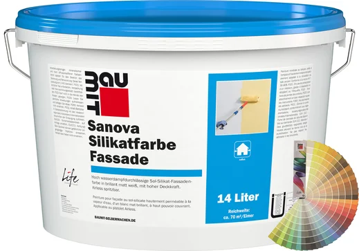Productafbeelding: Baumit Sanova silicaatverf gevel in een 14 liter emmer met Baumit kleurenwaaier.