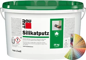 Baumit silicaatpleister met een korrelgrootte van 1,5 mm is verkrijgbaar in gekleurde emmers van 25 kg.