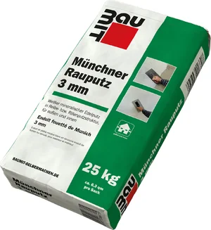 25 kg zak Munich roughcast 3 mm van Baumit, geschikt voor het bepleisteren van gevels met een grove korrelstructuur van 3 mm.