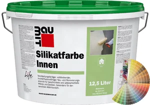 Productafbeelding: Baumit binnensilicaatverf in een emmer van 12,5 liter met Baumit kleurenwaaier.