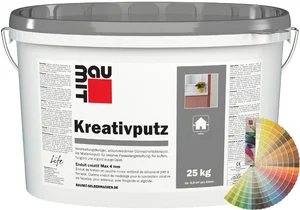De Baumit creatieve pleister met een korrelgrootte van 4 mm is verkrijgbaar in gekleurde emmers van 25 kg.