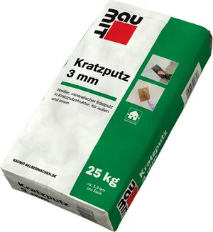 Baumit krabpleister met een korrelgrootte van 3 mm is verkrijgbaar in witte zakken van 25 kg.