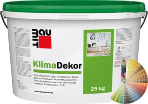 Baumit KlimaDekor met een korrelgrootte van 1,5 mm is verkrijgbaar in emmers van 25 kg in pastelkleuren.