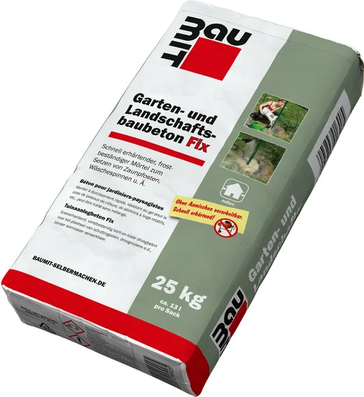 Baumit Garten- und Landschaftsbaubeton Fix is verkrijgbaar in papieren zakken van 25 kg.