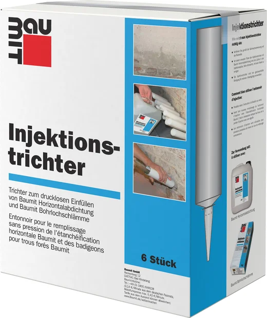 Injektionstrichter-Set zur drucklosen Abdichtung von Mauerwerk mit Anleitung f&uuml;r einfache Anwendung.