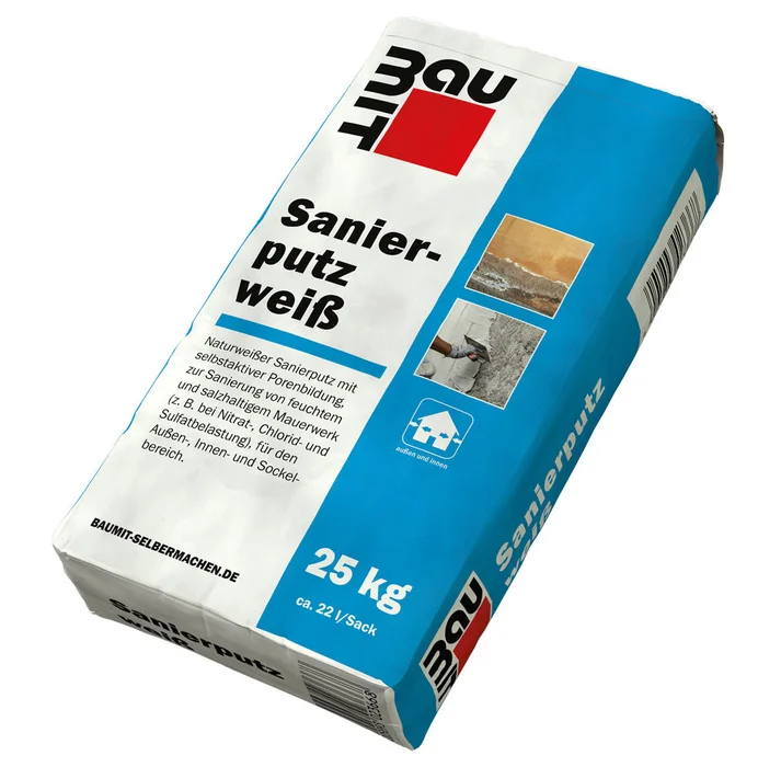 Produktfoto: Baumit Sanierputz wei&szlig; im blauen 25 kg Sack.